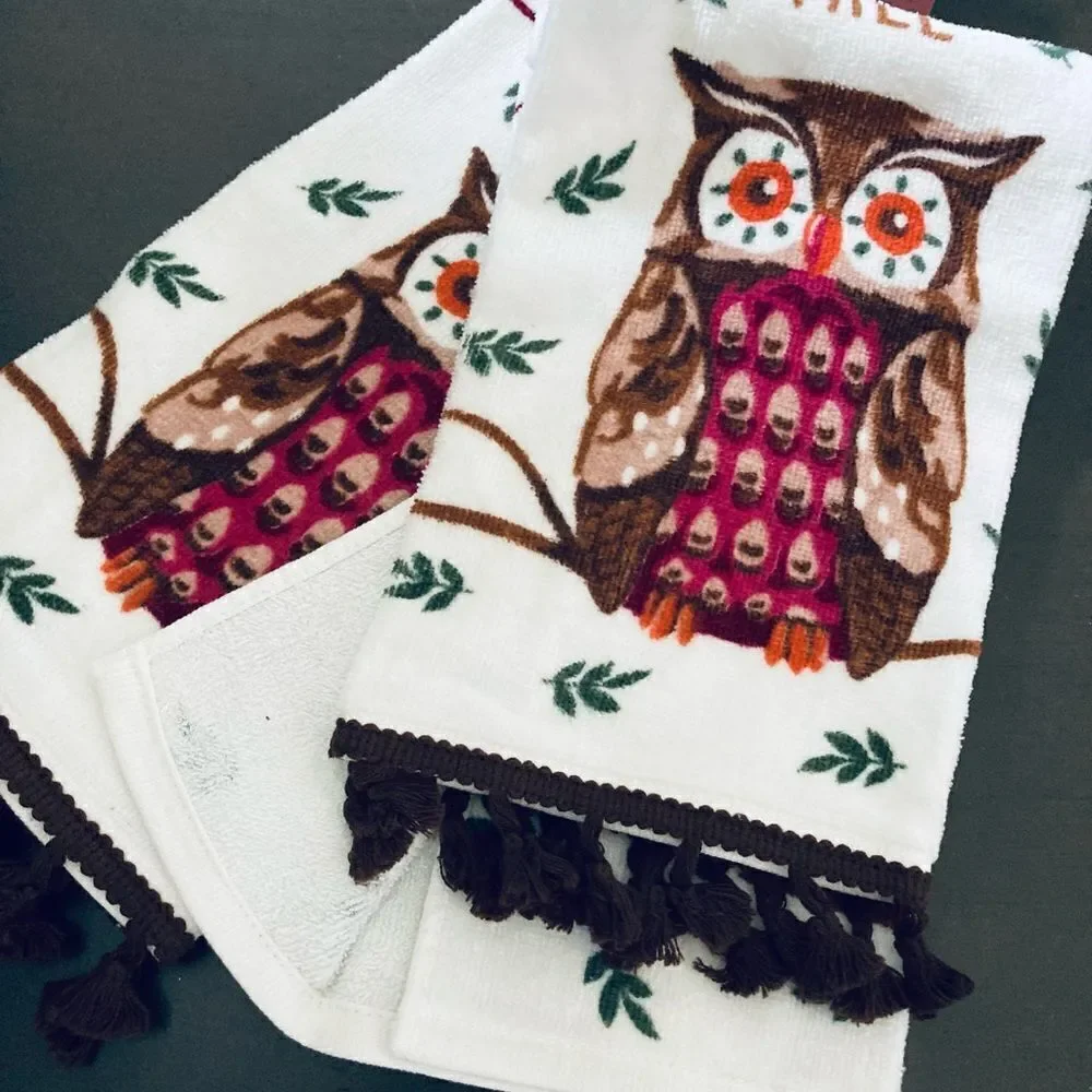 NWT Fall Owl Tassel Kitchen Dish Towels Set